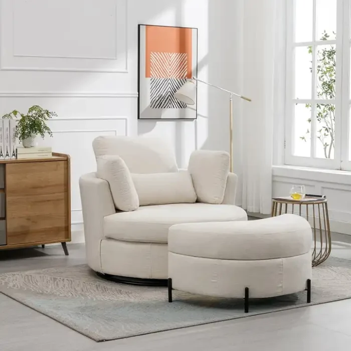 Modern Round Cuddle 360 Swivel Barrel Chair with  Half Crescent Moon Storage Bench Ottoman
