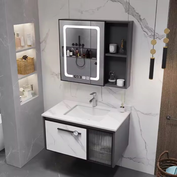 Luxury wall-mounted bathroom vanity with a rectangular rock plate mirror